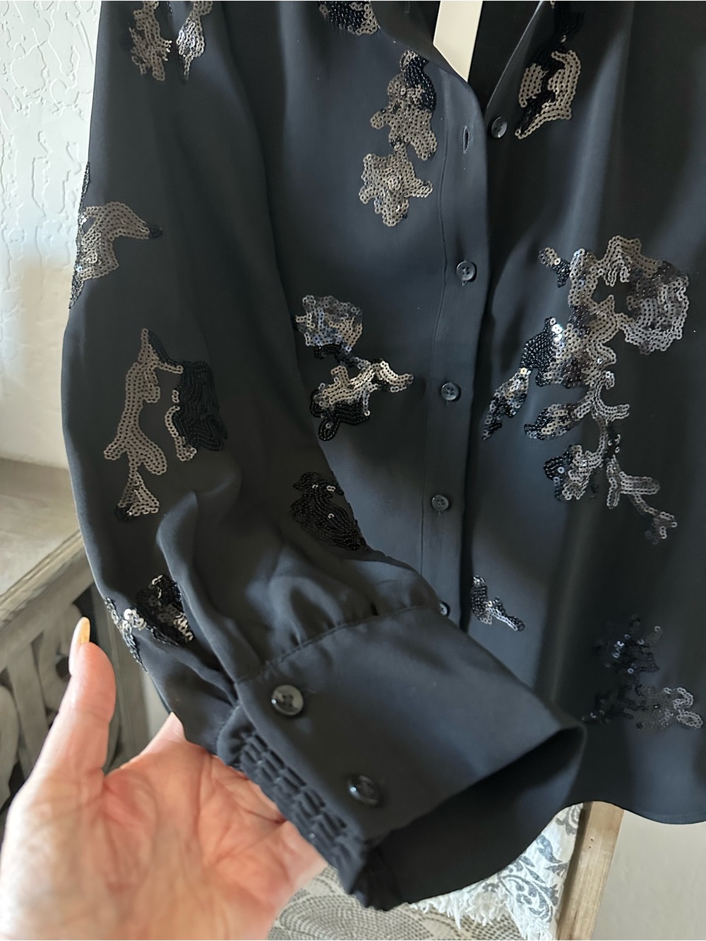Chico's Black Sequin Stripe Button-Down Shirt - Picture 7 of 11